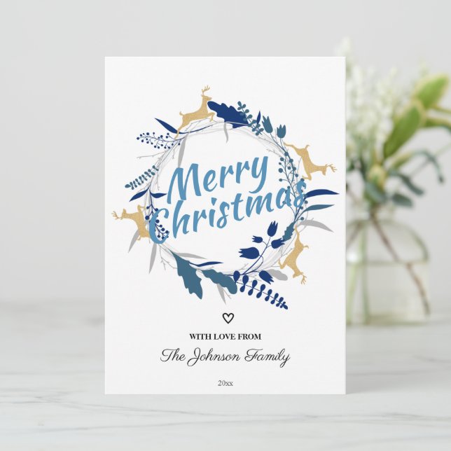 Elegant Golden Reindeer Floral Christmas Wreath Holiday Card (Standing Front)
