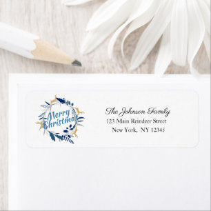 Elegant Golden Reindeer Floral Christmas Wreath Return Address Label