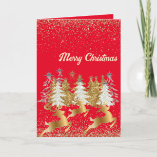 Elegant Golden Reindeers & Christmas Trees Red  Holiday Card