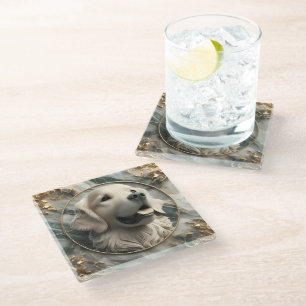 Elegant Golden Retriever Marble Design Glass Coaster