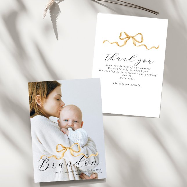 Elegant Golden Ribbon Photo Baby Shower Thank You Card (Creator Uploaded)