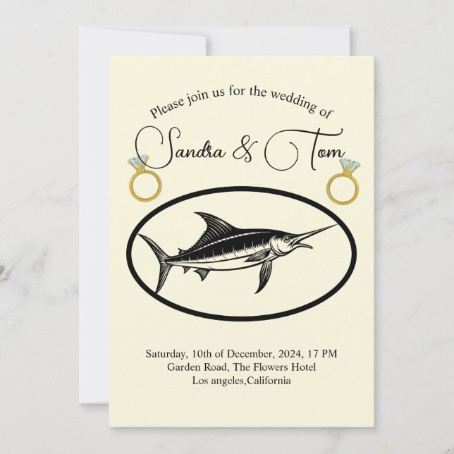 Elegant golden rings and marline fish wedding invitation (Front)