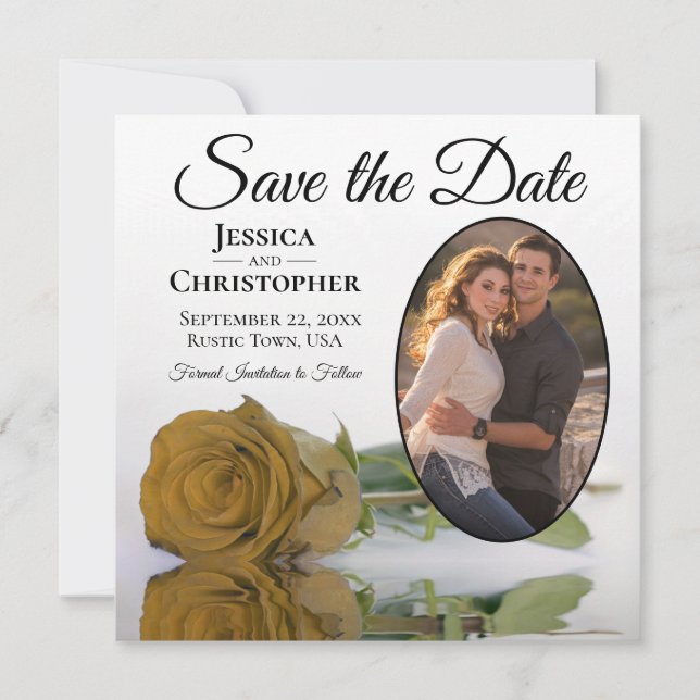 Elegant Golden Rose on White Oval Photo Wedding Save The Date (Front)