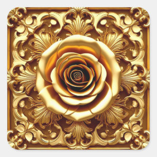 Elegant Golden Rose with Ornate Decorative Frame Square Sticker