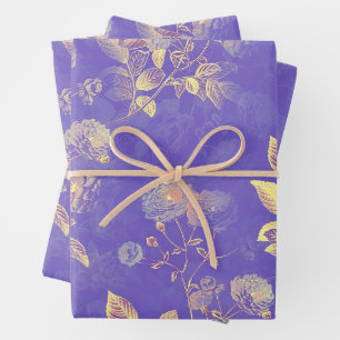 Elegant Golden Roses over Purple Background Wrapping Paper Sheet