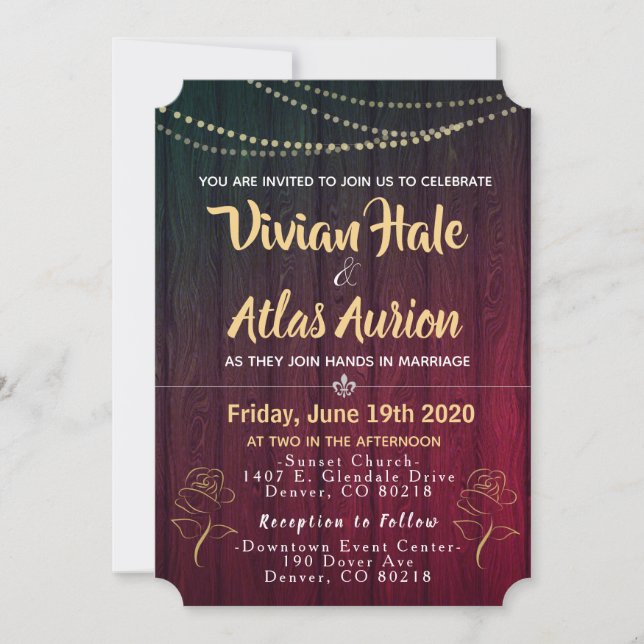 Elegant Golden Roses Red and Black Wedding Invites (Front)