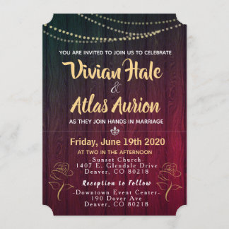 Elegant Golden Roses Red and Black Wedding Invites