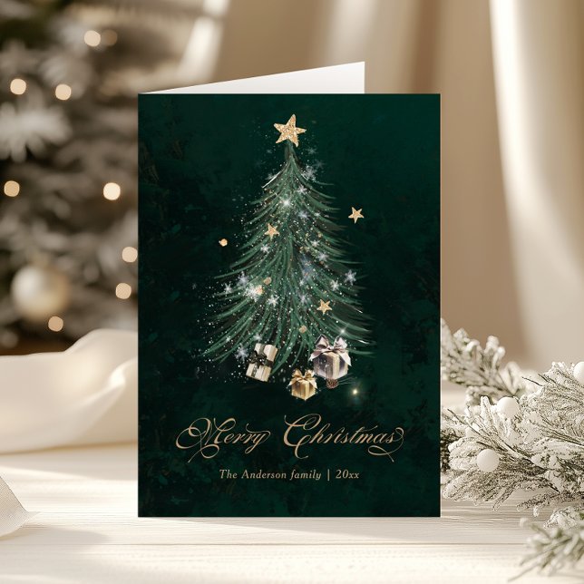 Elegant Golden Script Christmas tree Holiday Card (Creator Uploaded)