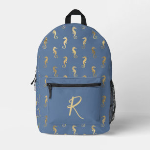 Elegant Golden Seahorses on Blue Personalized Printed Backpack