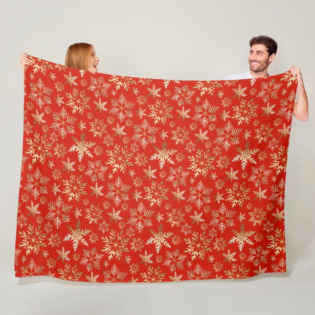 Elegant Golden Snowflakes Lava Red Christmas Fleece Blanket (In Situ)