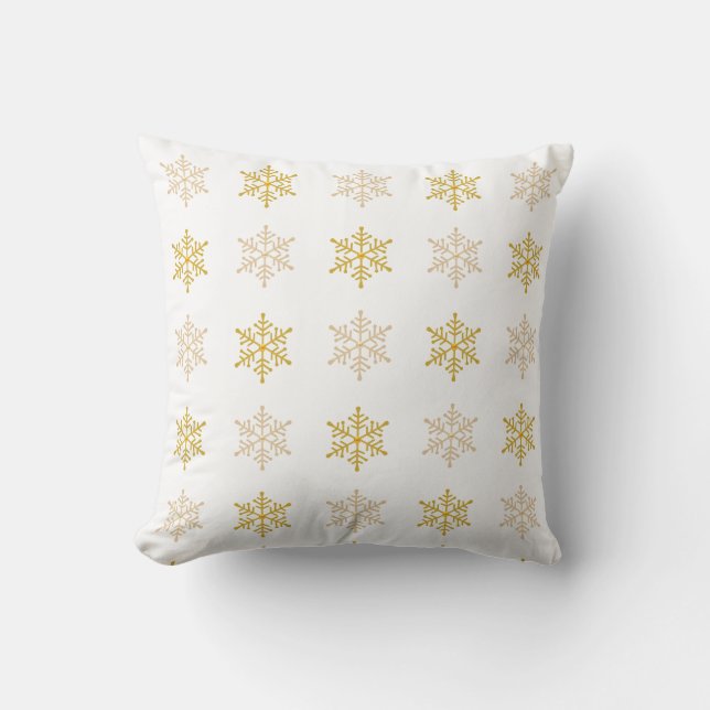 Elegant Golden Snowflakes on White Cushion (Front)