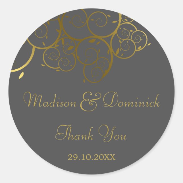 Elegant Golden Spiral Vines Classy Wedding Sticker (Front)
