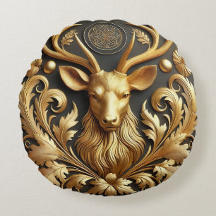 Elegant Golden Stag Head Ornament Round Cushion