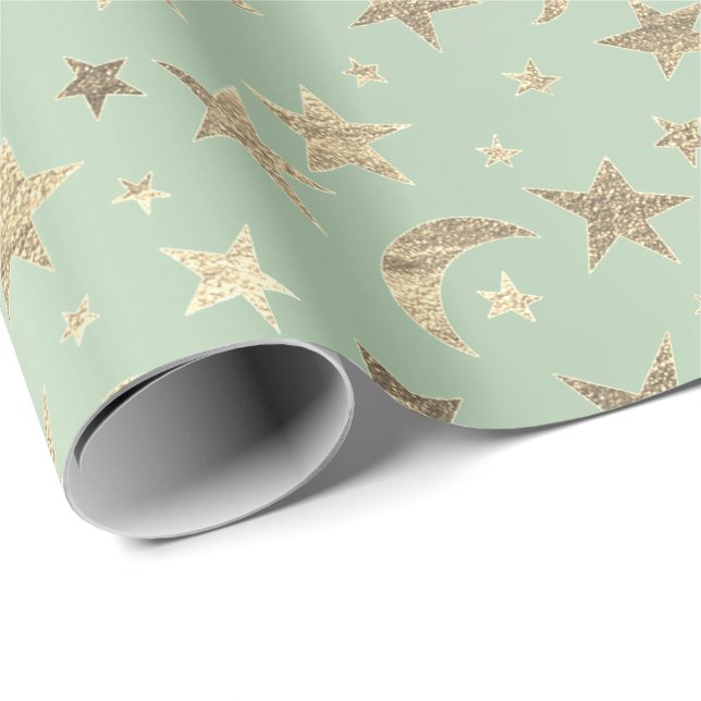 Elegant Golden Stars Moon Mint Green Champaigne Wrapping Paper (Roll Corner)