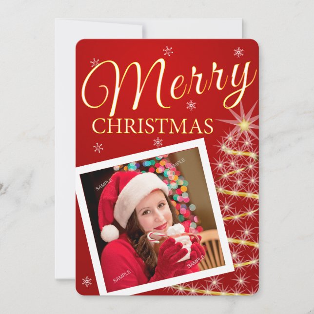 Elegant Golden Stars One Photo Christmas Card (Front)