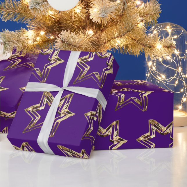 Elegant Golden Stars Pattern Christmas Purple Wrapping Paper (Holidays)
