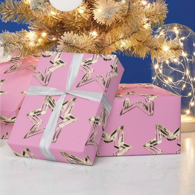 Elegant Golden Stars Pattern Pink Christmas Wrapping Paper (Holidays)