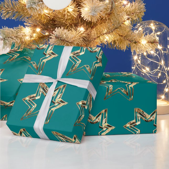 Elegant Golden Stars Pattern Teal Christmas Wrapping Paper (Holidays)