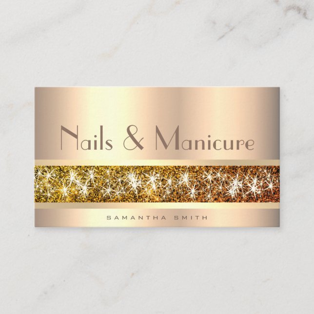 Elegant Golden Style with Glitter Stars Chic Nails Business Card (Front)