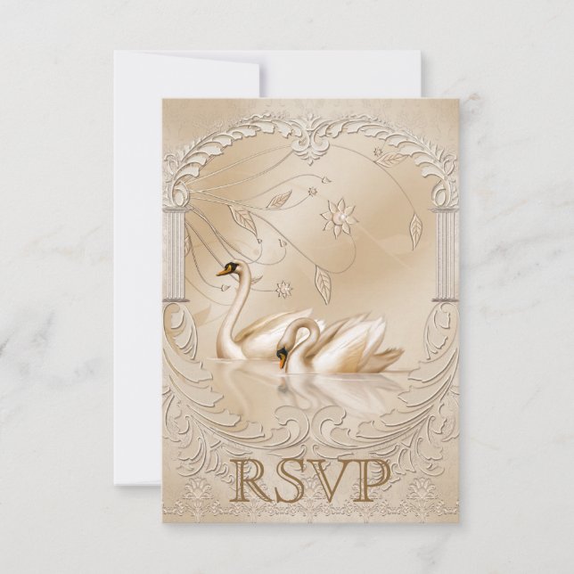 Elegant Golden Swans Ornate Formal Wedding RSVP Card (Front)