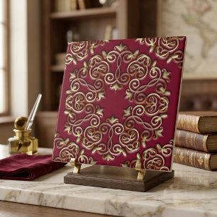 Elegant Golden Swirls and Curves on Burgundy Red  Ceramic Tile