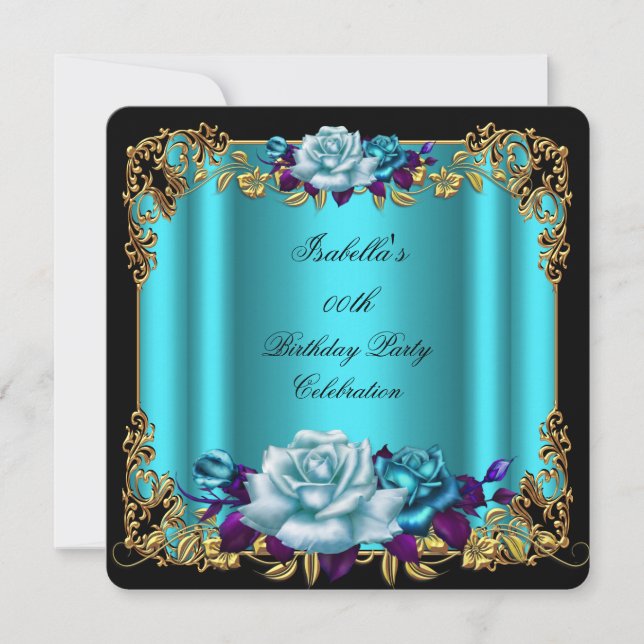 Elegant Golden Teal Blue Purple Roses Birthday 2 Invitation (Front)