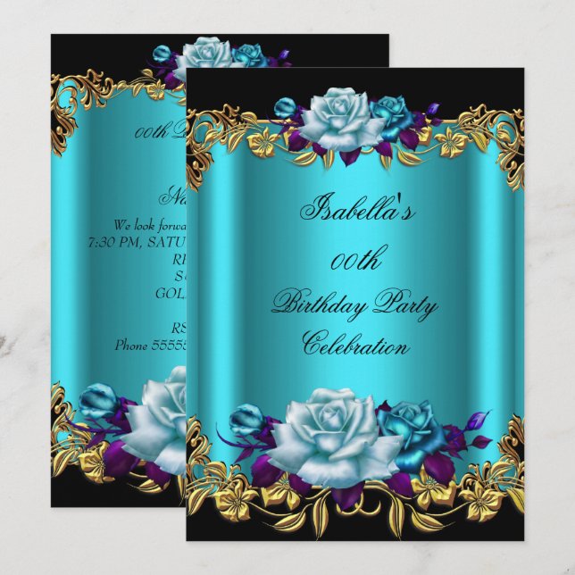 Elegant Golden Teal Blue Purple Roses Birthday Invitation (Front/Back)