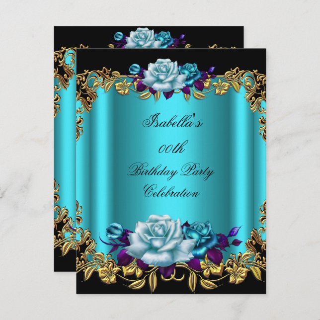 Elegant Golden Teal Blue Purple Roses Birthday Invitation (Front/Back)
