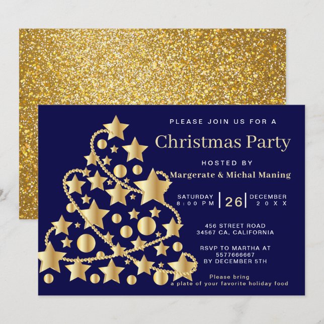 Elegant Golden Traditional Tree Christmas Party  Invitation (Front/Back)