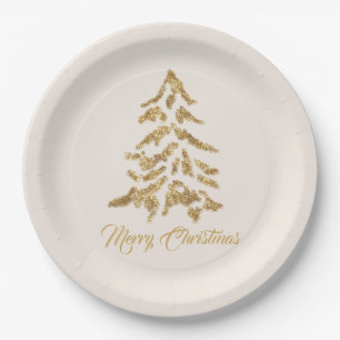 Elegant Golden Tree Merry Christmas Paper Plate