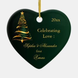 Elegant Golden tree Newlywed first Christmas  Ceramic Ornament