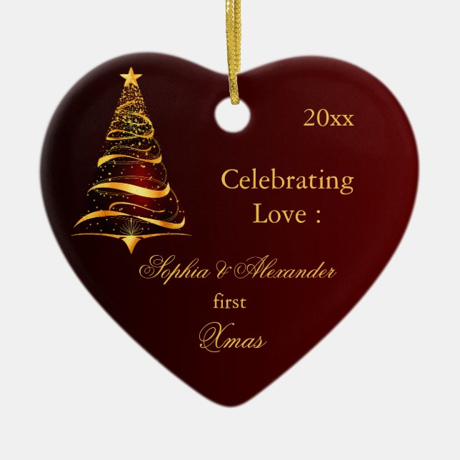 Elegant Golden tree Newlywed first Christmas  Ceramic Ornament (Front)