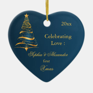 Elegant Golden tree Newlywed first Christmas  Ceramic Ornament