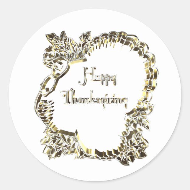 Elegant Golden Turkey Happy Thanksgiving Text Classic Round Sticker (Front)