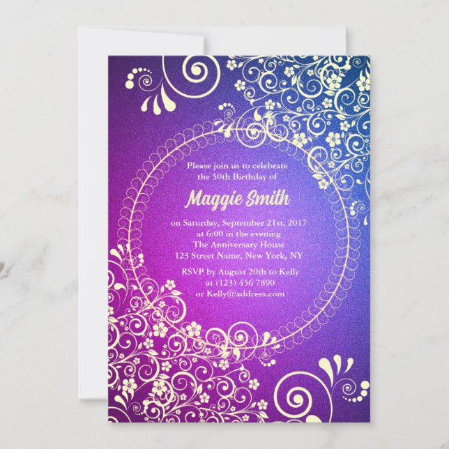 Elegant golden violet 50th Birthday Party Invite (Front)