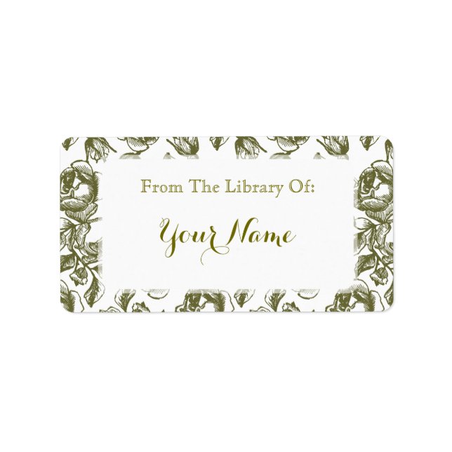 Elegant Golden White Rose Etching Bookplate Label (Front)