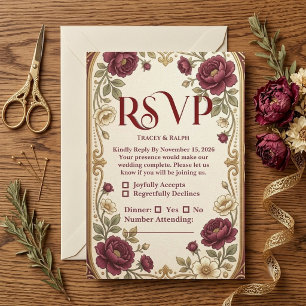 Elegant Golden Wine Red Roses Soft Ivory Wedding RSVP Card