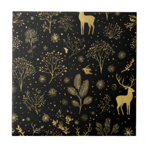 Elegant Golden Winter Forest Pattern Ceramic Tile