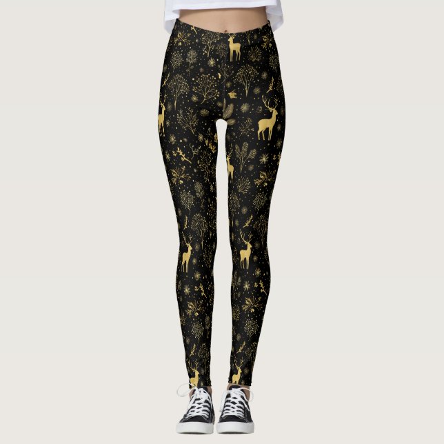 Elegant Golden Winter Forest Pattern Leggings (Front)