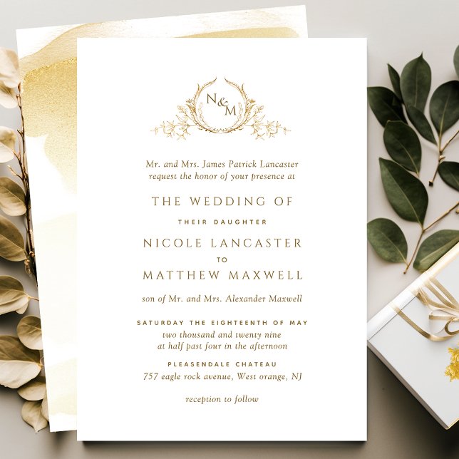 Elegant Golden Yellow Monogram Formal Wedding Invitation (Creator Uploaded)