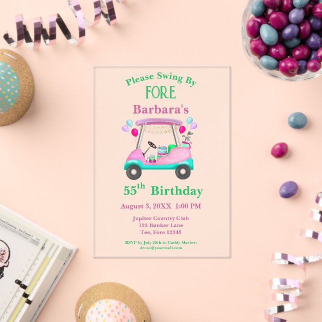 Elegant Golf Cart Ready For Women's 55th Birthday Acrylic Invitations (Insitu (Celebration))