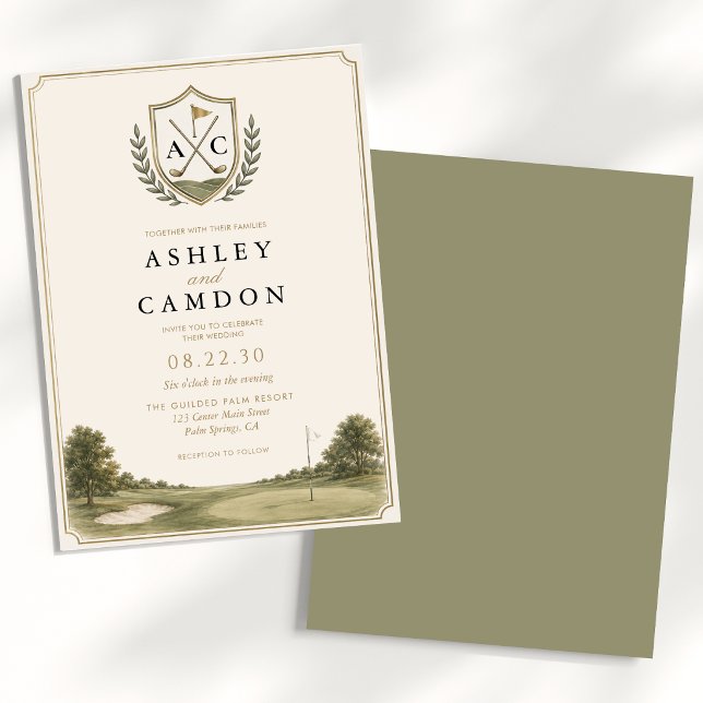 Elegant Golf Monogram Sage Green Wedding Invitation (Creator Uploaded)