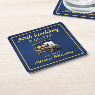 Elegant Golf Theme Cart Blue Gold 50th Birthday Square Paper Coaster