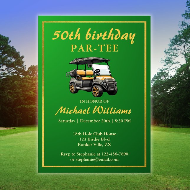 Elegant Golf Theme Cart Green Gold 50th Birthday Invitation (Creator Uploaded)