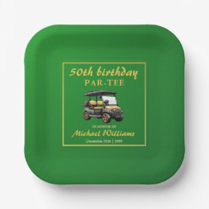 Elegant Golf Theme Cart Green Gold 50th Birthday Paper Plate
