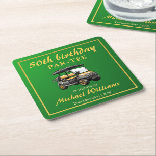 Elegant Golf Theme Cart Green Gold 50th Birthday Square Paper Coaster