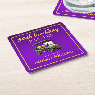 Elegant Golf Theme Cart Purple Gold 50th Birthday Square Paper Coaster