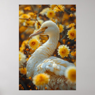 Elegant Goose and Yellow Flowers Poster