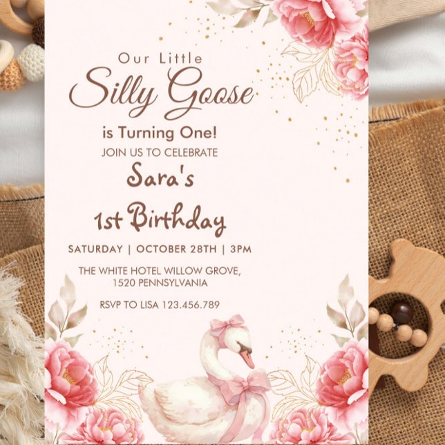 Elegant Goose & Peach Floral First 1st Birthday Invitation (Creator Uploaded)