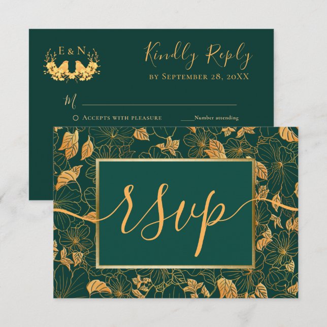 Elegant Gorgeous Emerald Green & Gold Foliage RSVP Card (Front/Back)